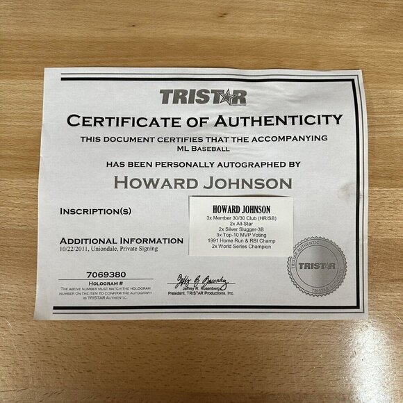 Howard Johnson Signed  Autographed Baseball MLB New York Mets TRISTAR 7069380 - Picture 5 of 5